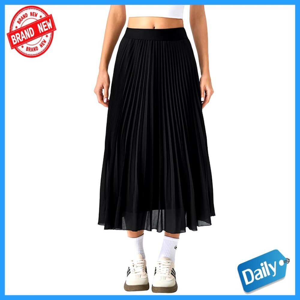 Elegant Pleated Chiffon Midi Skirt A-Line Swing Flowy Elastic Waist